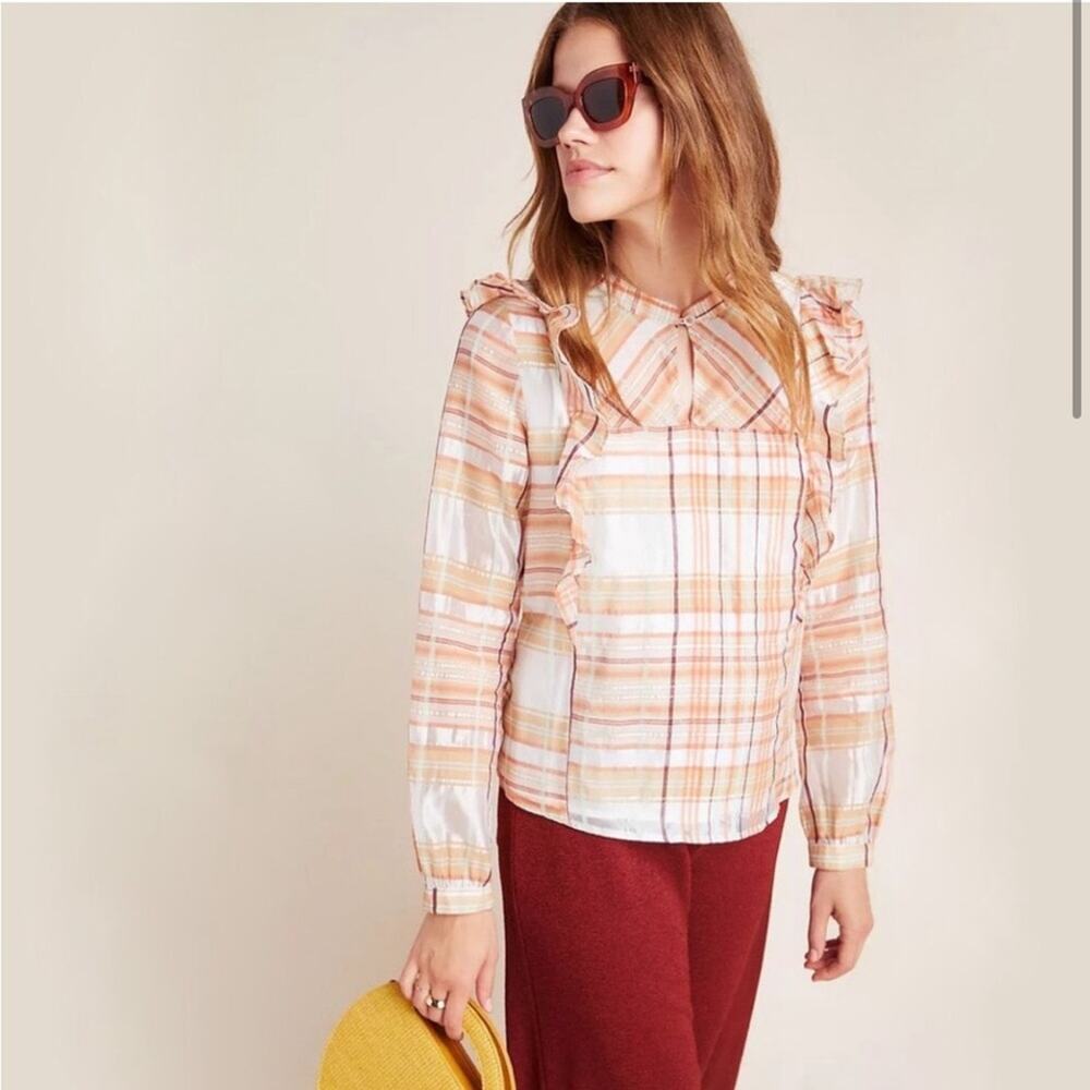 Anthropologie Current Air Polly plaid ruffle‎ top cream yellow orange Small NWT
